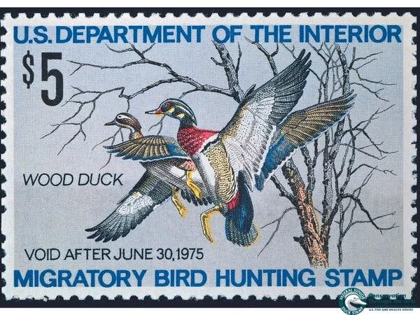 A postage stamp showing two ducks flying by a tree that's to the right. At the bottom of the stamp are the words Migratory Bird Hunting Stamp.