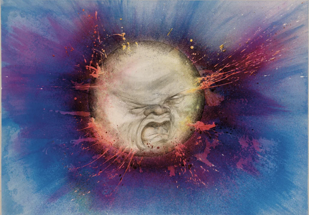 Ralph Steadman, “The Big I Am — Crying Earth,” 1988, Ink on paper.