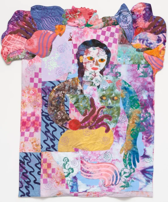 Maria A. Guzmán Capron. “Algo Escondido,” 2025. Hand dyed and screen printed fabric, thread and batting, 68 1/2 x 58 1/2 in. Courtesy of the artist and Nazarian / Curcio.